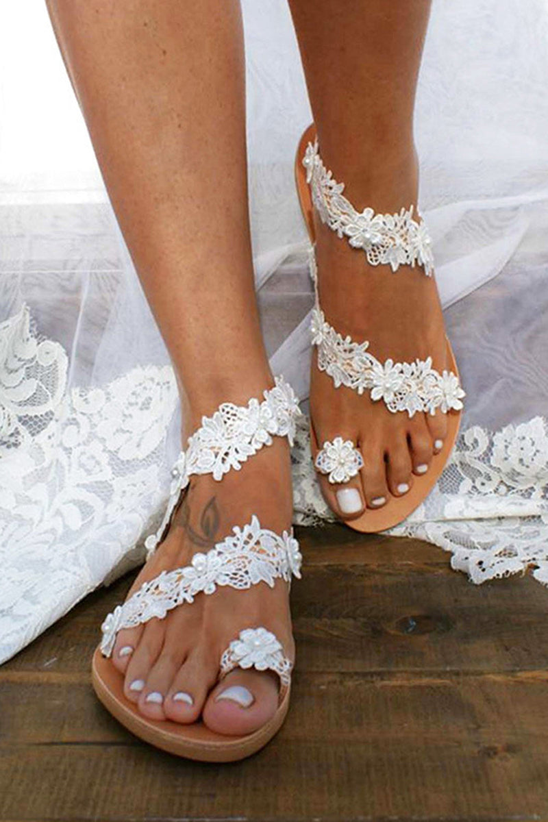 Load image into Gallery viewer, Boho White Lace Flat Women Sandals