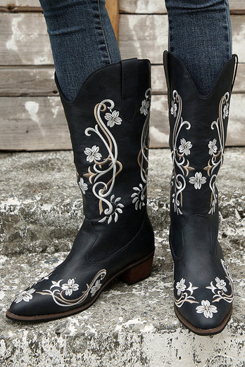 Black Embroidered Pointed Toe Chunky Heel Western Boots