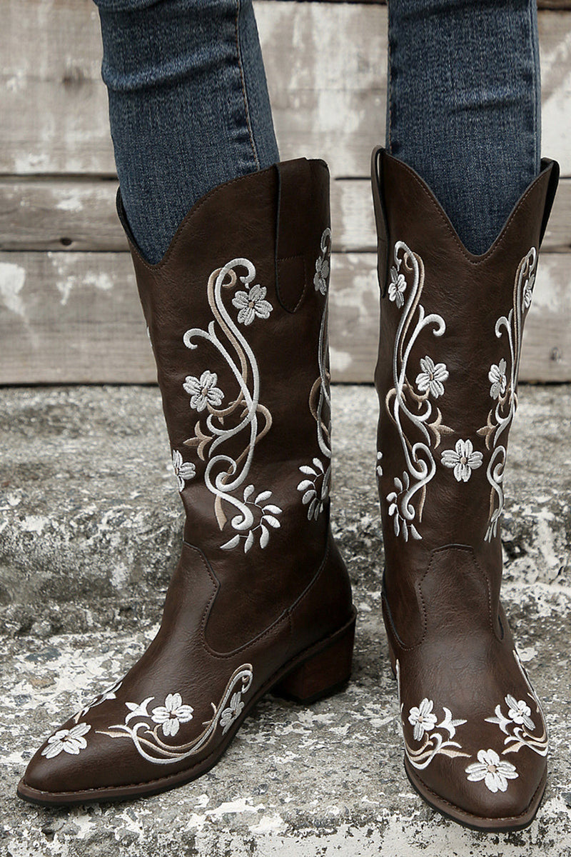 Load image into Gallery viewer, Black Embroidered Pointed Toe Chunky Heel Western Boots