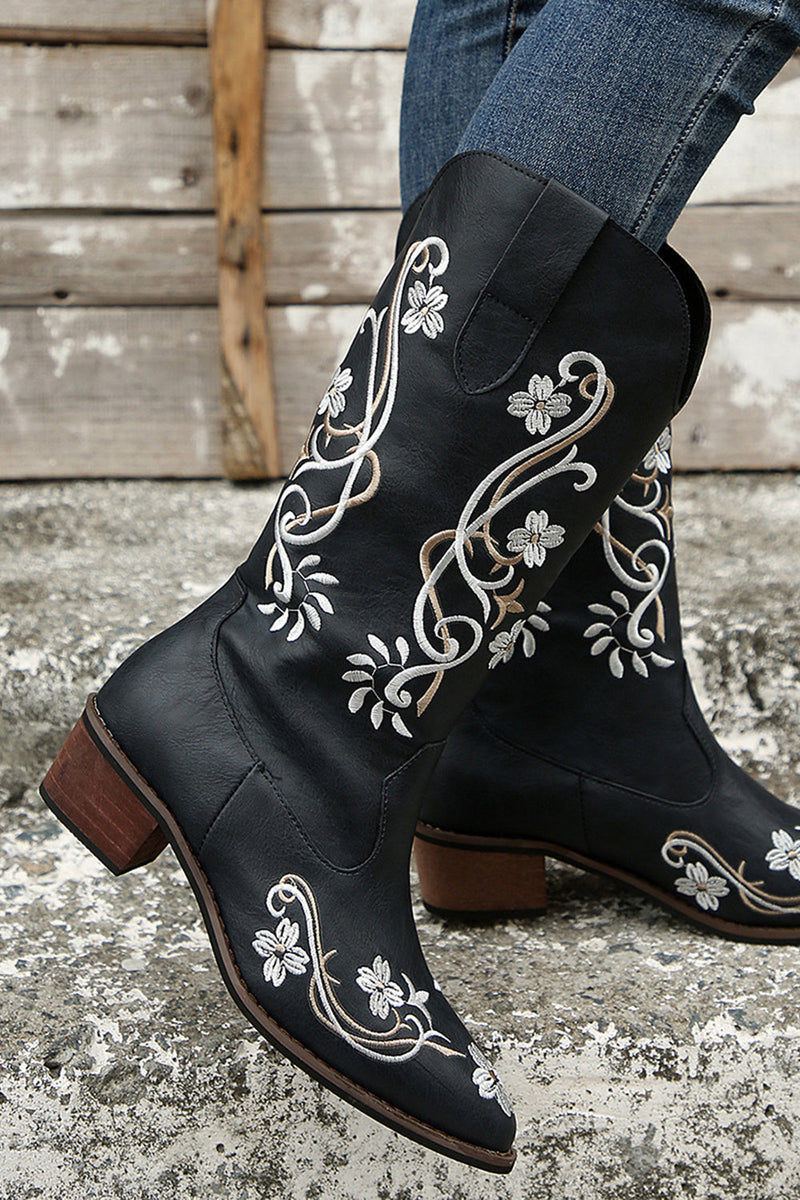 Load image into Gallery viewer, Black Embroidered Pointed Toe Chunky Heel Western Boots