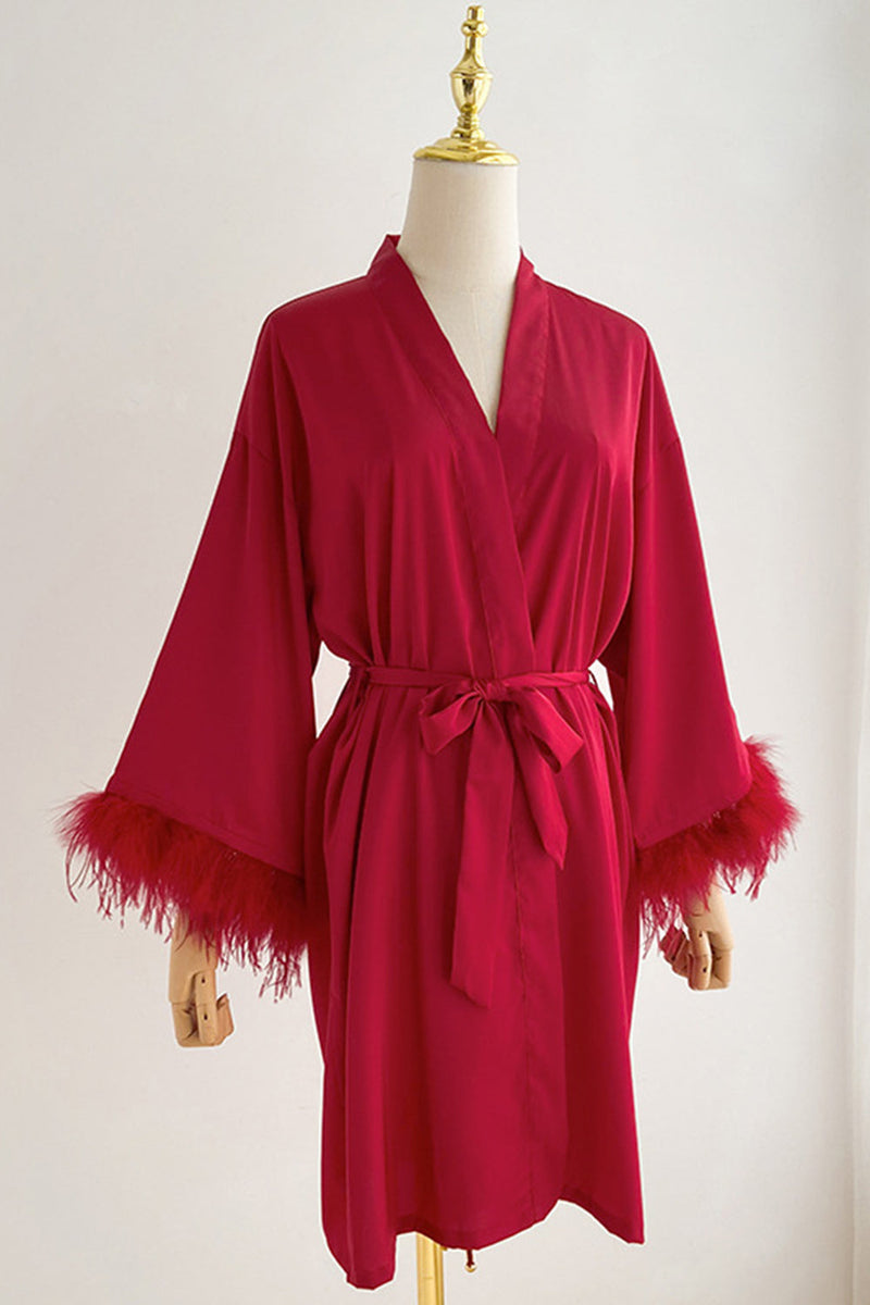 Load image into Gallery viewer, Red Bride Bridesmaid Tea-Length Robe with Feather