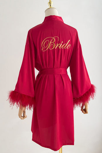 Red Bride Bridesmaid Tea-Length Robe with Feather