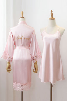 Champagne Satin Bride and Bridesmaid Robe with Lace