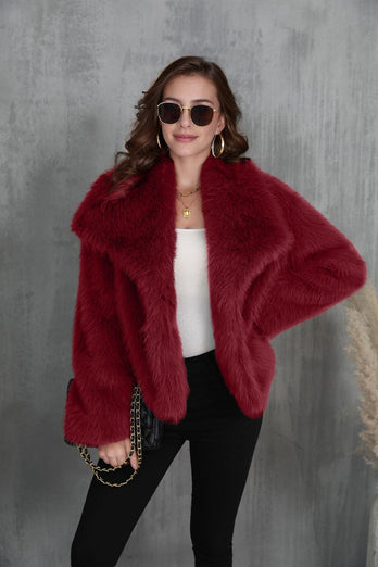 Black Shawl Lapel Short Fitted Faux Fur Coat