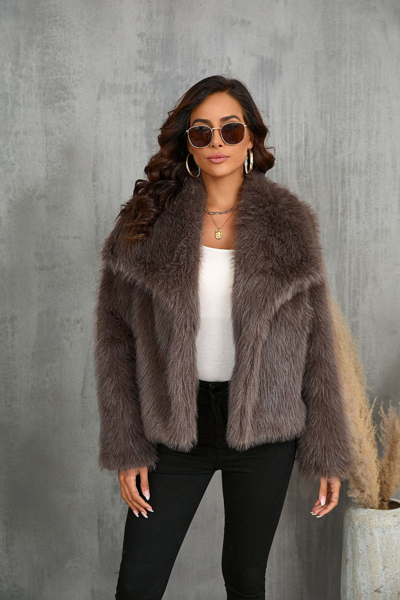 Load image into Gallery viewer, Black Shawl Lapel Short Fitted Faux Fur Coat