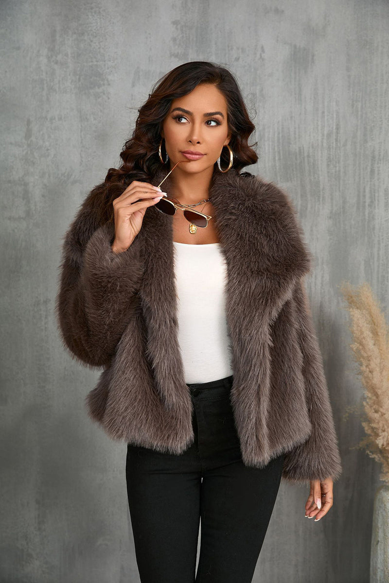 Load image into Gallery viewer, Black Shawl Lapel Short Fitted Faux Fur Coat