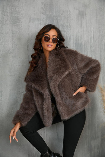 Black Shawl Lapel Short Fitted Faux Fur Coat