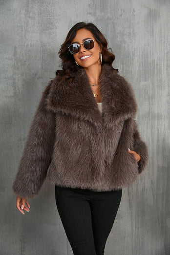 Black Shawl Lapel Short Fitted Faux Fur Coat