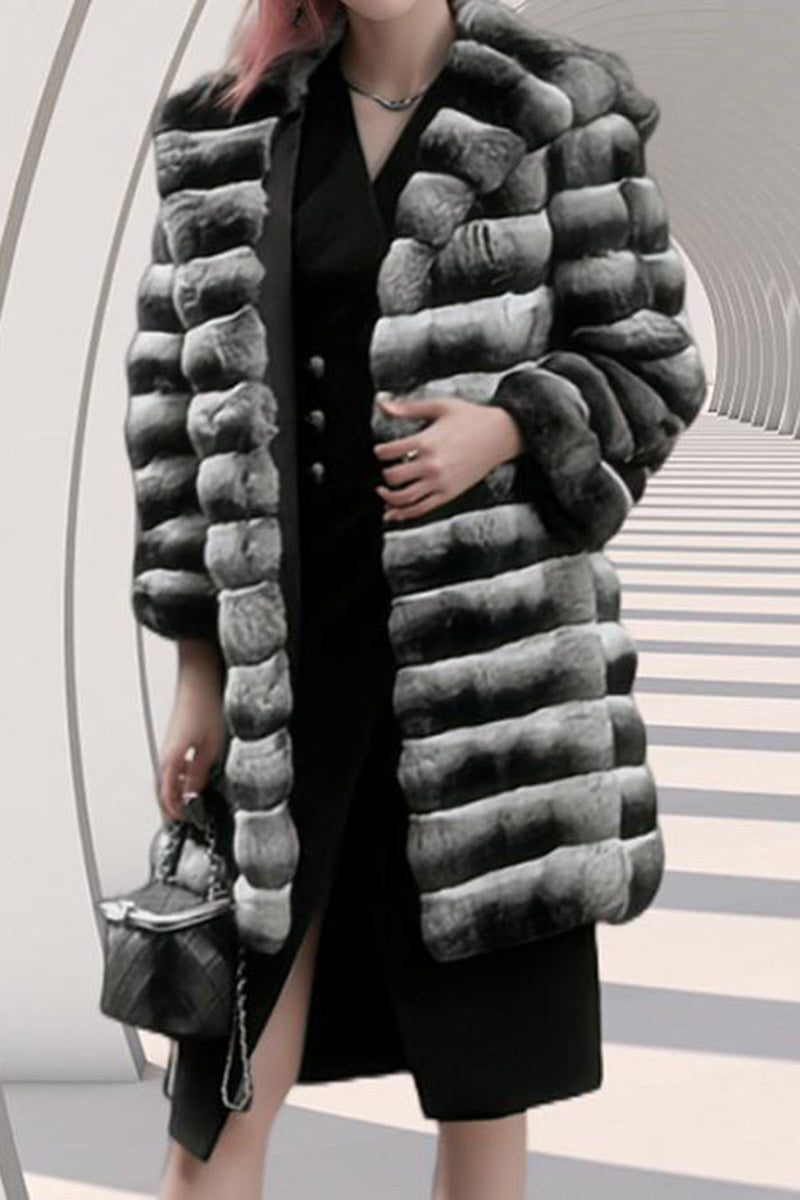 Load image into Gallery viewer, Grey White Notched Lapel Striped Long Shearling Coat