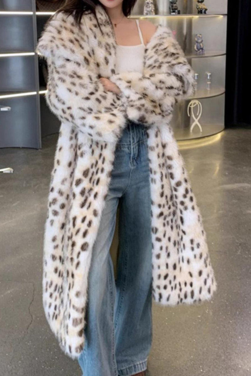 Load image into Gallery viewer, Leopard Print Open Front Long Shaggy Shearling Coat