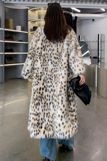 Leopard Print Open Front Long Shaggy Shearling Coat