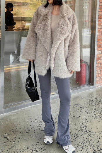 Grey Brown Midi Notched Lapel Shaggy Faux Fur Coat