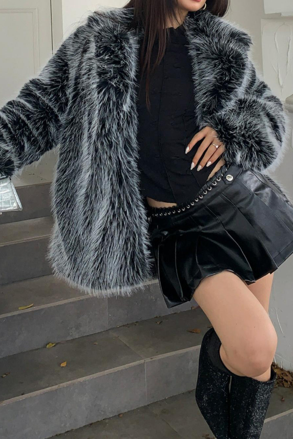 Stylish Black White Midi Faux Fur Coat