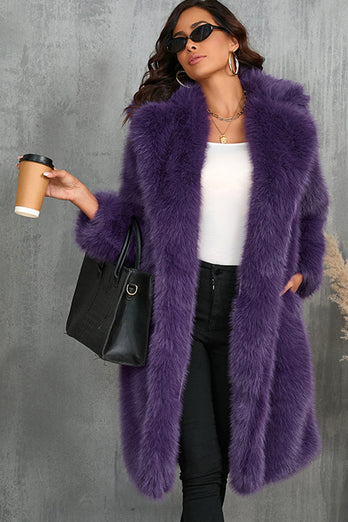 Camel  Notched Lapel Long Faux Fur Long Shaggy Women Coat