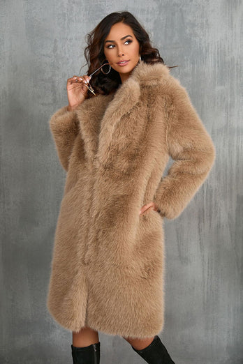 Camel  Notched Lapel Long Faux Fur Long Shaggy Women Coat