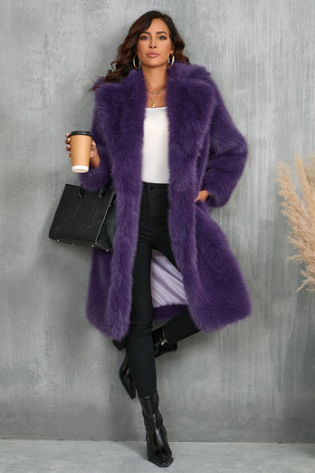 Camel  Notched Lapel Long Faux Fur Long Shaggy Women Coat