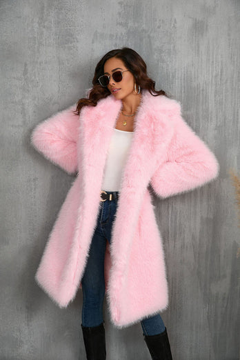 Camel  Notched Lapel Long Faux Fur Long Shaggy Women Coat