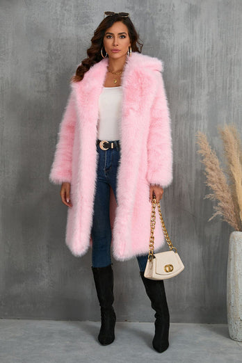 Camel  Notched Lapel Long Faux Fur Long Shaggy Women Coat