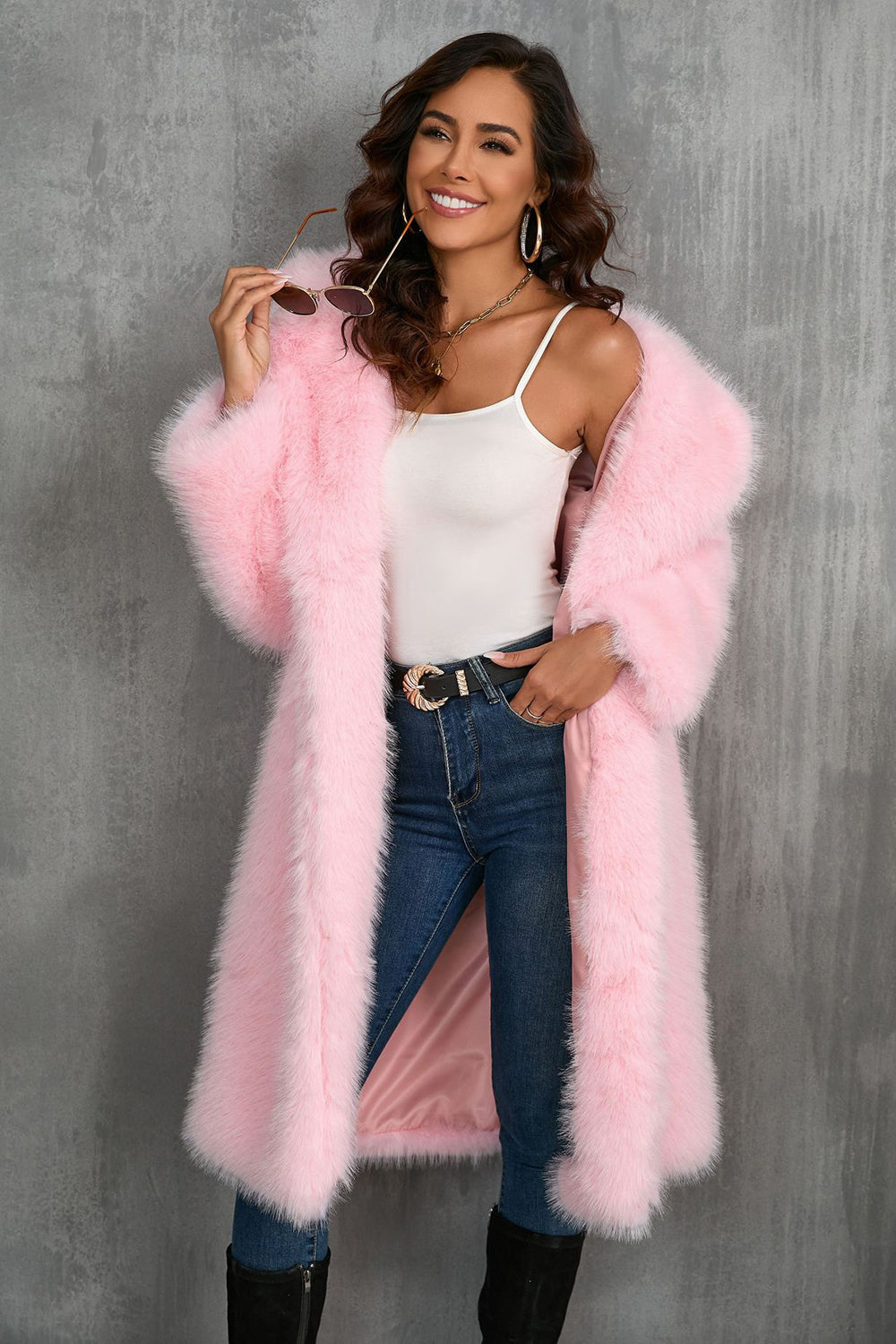 Camel  Notched Lapel Long Faux Fur Long Shaggy Women Coat