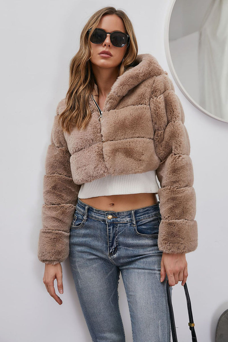 Load image into Gallery viewer, Black Fluffy Faux Fur Zip Up Short Coat