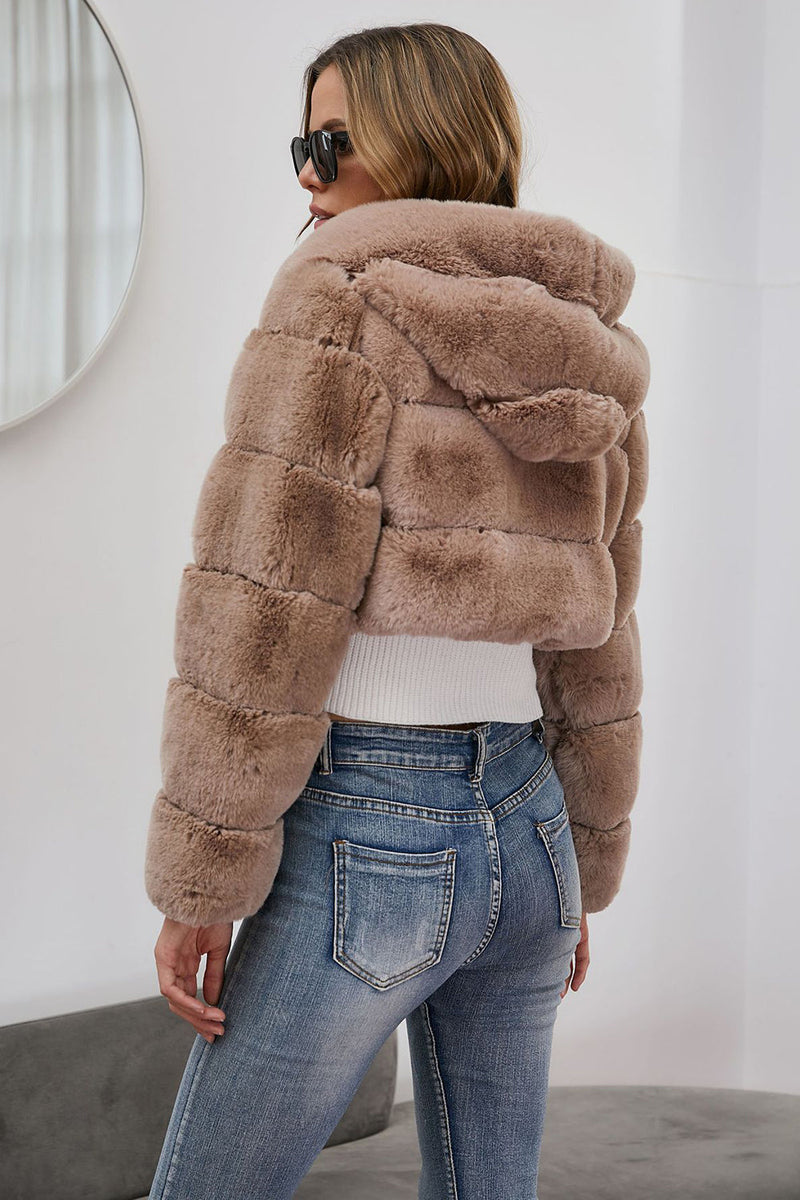 Load image into Gallery viewer, Black Fluffy Faux Fur Zip Up Short Coat