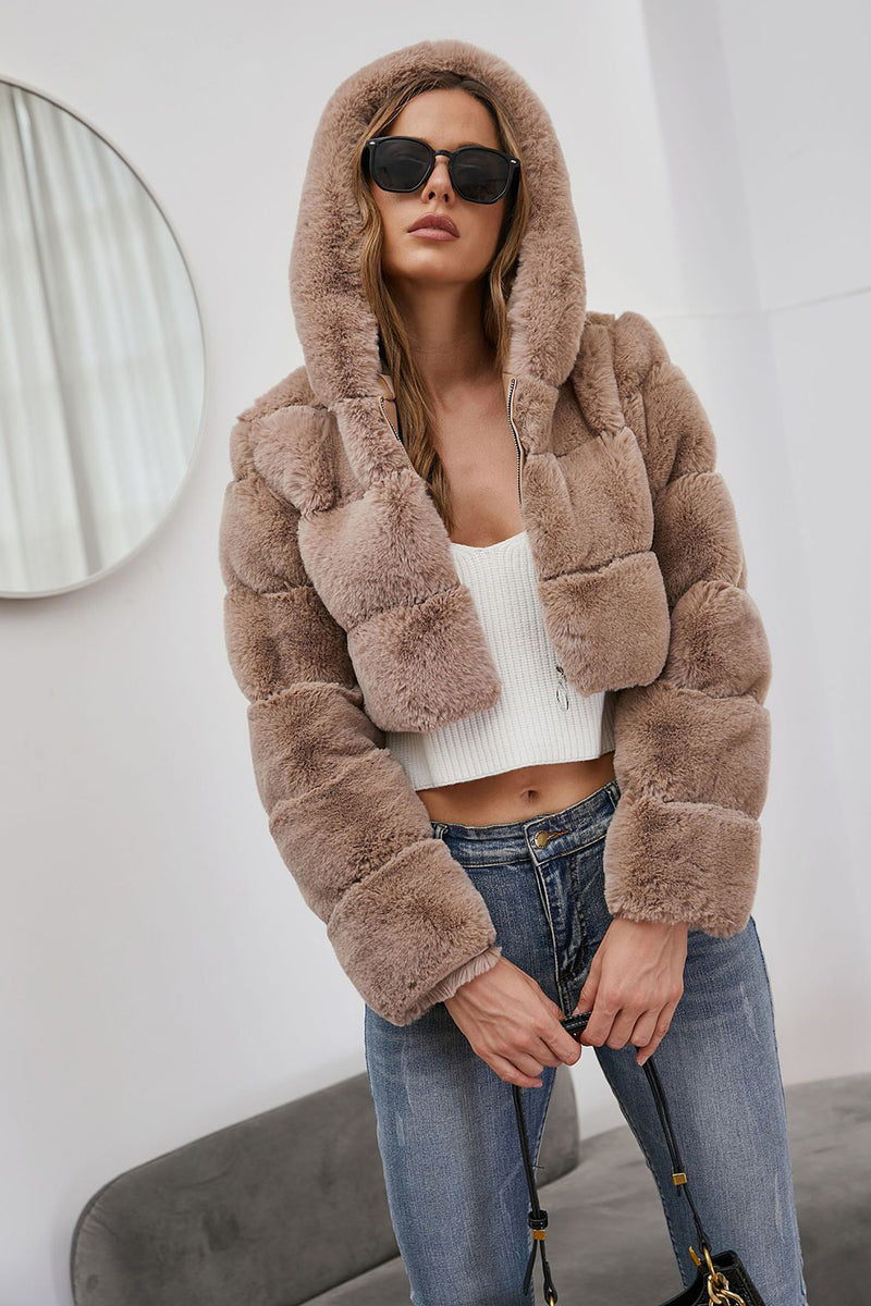 Load image into Gallery viewer, Black Fluffy Faux Fur Zip Up Short Coat