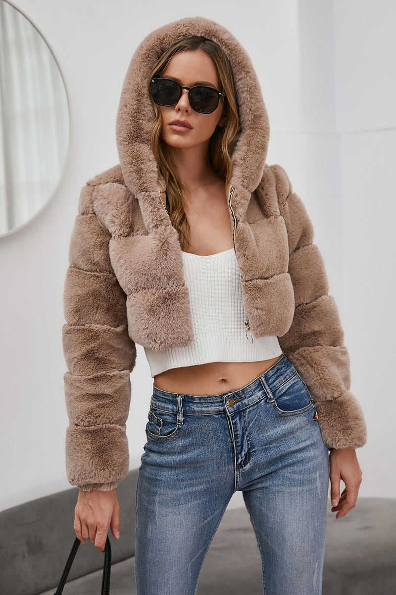 Load image into Gallery viewer, Black Fluffy Faux Fur Zip Up Short Coat