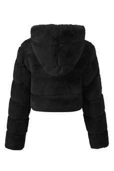 Black Fluffy Faux Fur Zip Up Short Coat