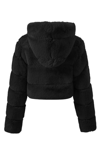 Black Fluffy Faux Fur Zip Up Short Coat