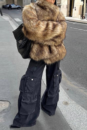 Brown Fluffy Faux Fur Long Sleeve Open Front Short Coat