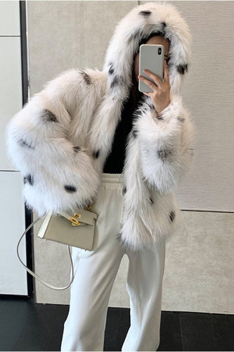 White Dotted Faux Fur Short Women's Coat