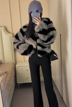 Grey Short Faux Fur Women's Coat with Long Sleeves