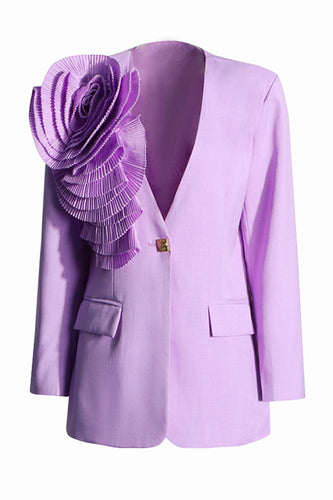 Purple Flower V Neck Single Button Women's Blazer