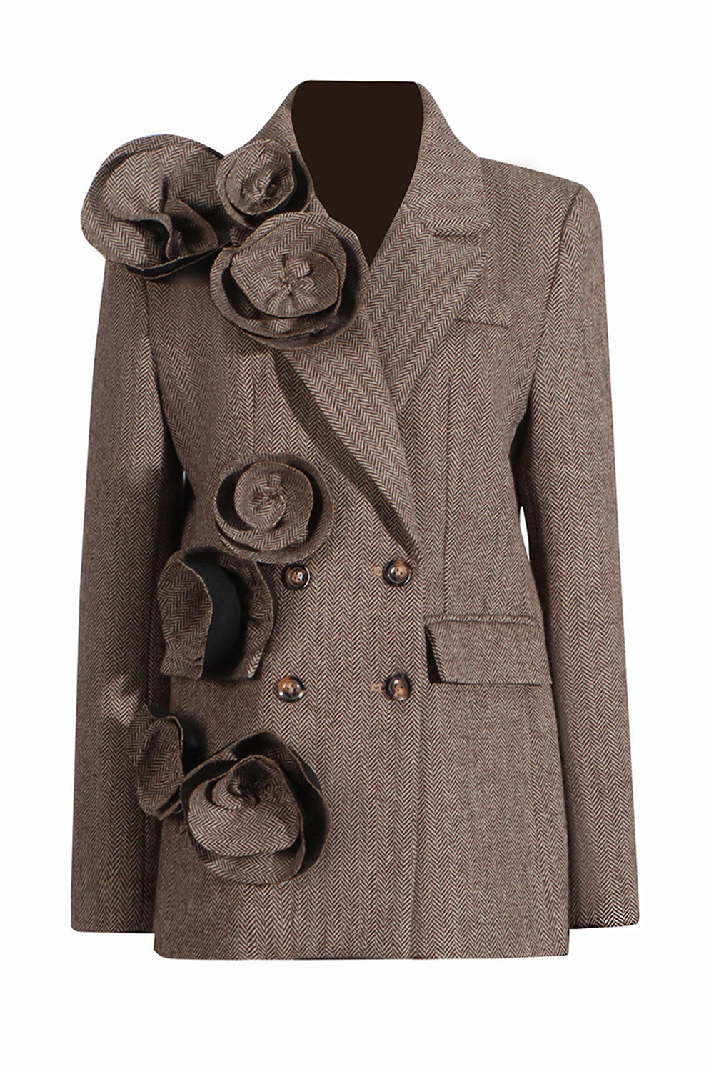 Coffee Herringbone Notched Lapel Women Blazer with 3D Flower