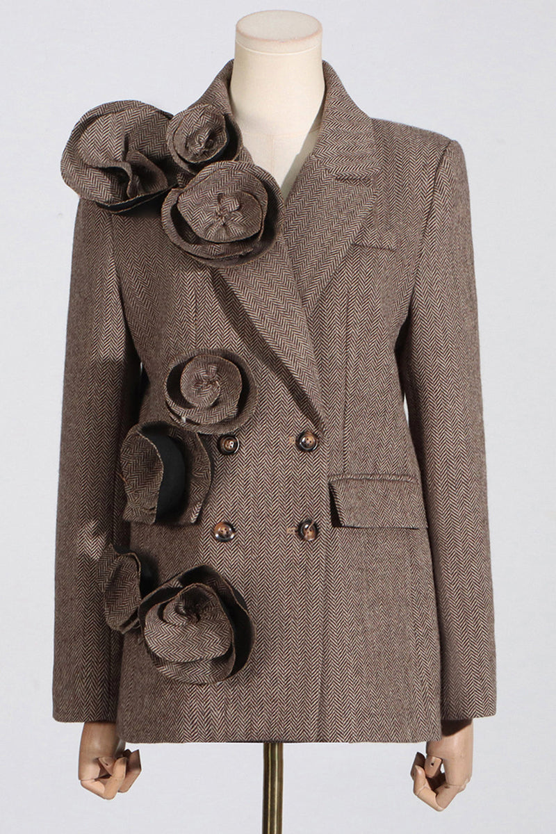 Load image into Gallery viewer, Coffee Herringbone Notched Lapel Women Blazer with 3D Flower