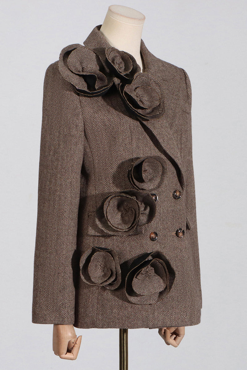 Load image into Gallery viewer, Coffee Herringbone Notched Lapel Women Blazer with 3D Flower