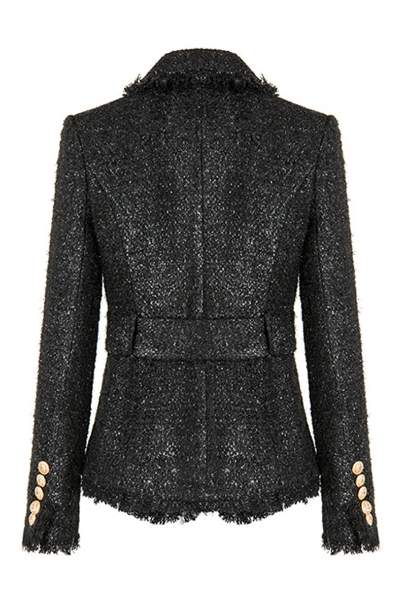 Load image into Gallery viewer, Black Tweed Notched Lapel Women Jacket with Belt