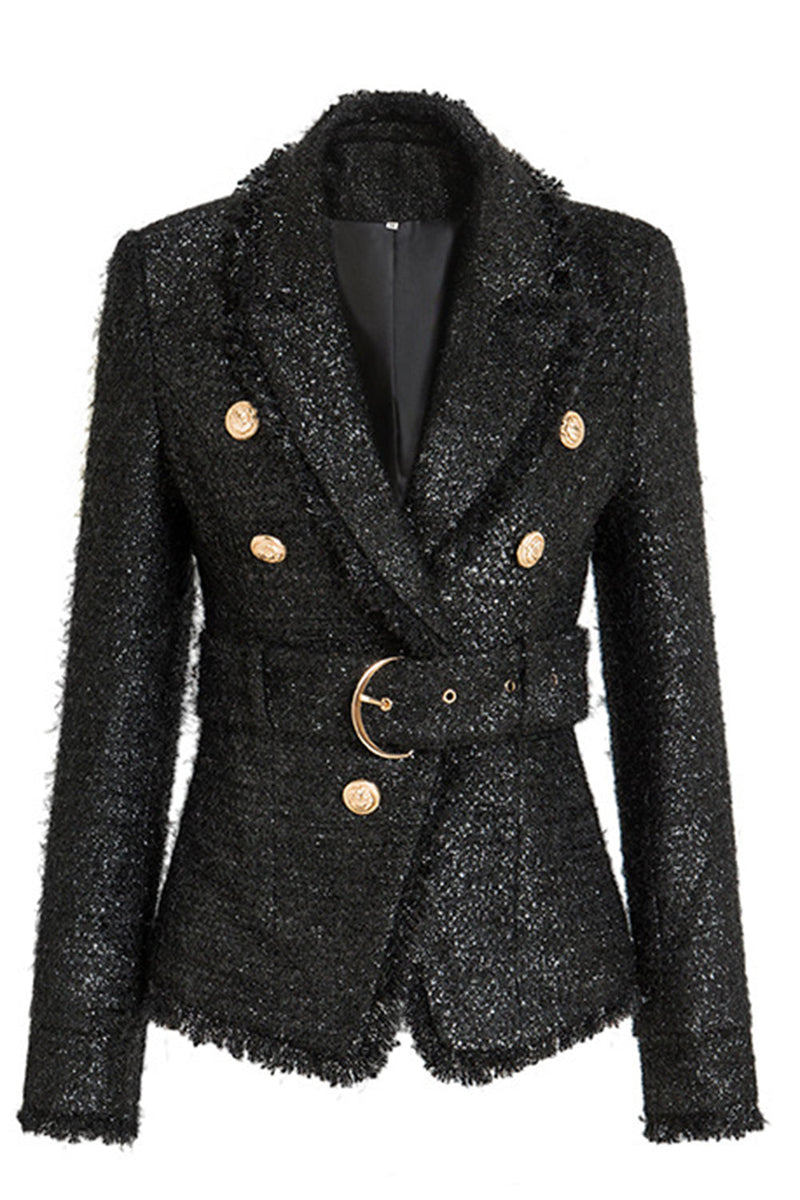 Load image into Gallery viewer, Black Tweed Notched Lapel Women Jacket with Belt