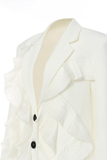 White Notched Lapel Women Blazer With Ruffles