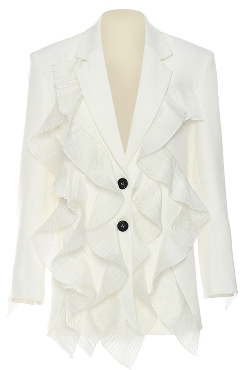 Load image into Gallery viewer, White Notched Lapel Women Blazer With Ruffles