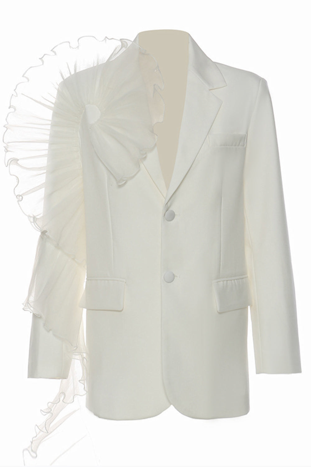 White Notched Lapel Women Blazer with Ruffles