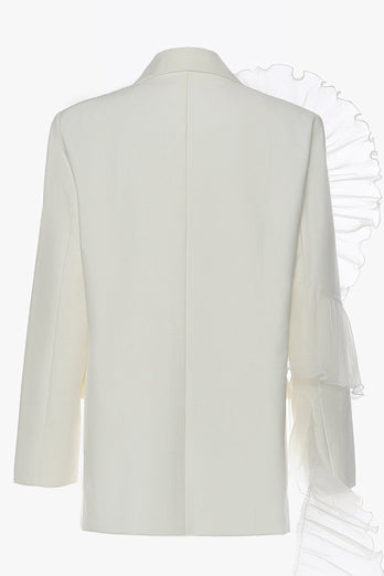 White Notched Lapel Women Blazer with Ruffles