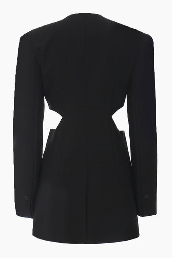 Black Slim Fit Cut-out Women Collarless Blazer