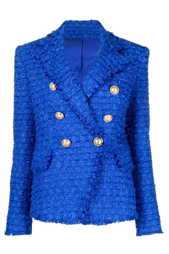 Royal Blue Notched Lapel Double Breasted Tweed Women Blazer