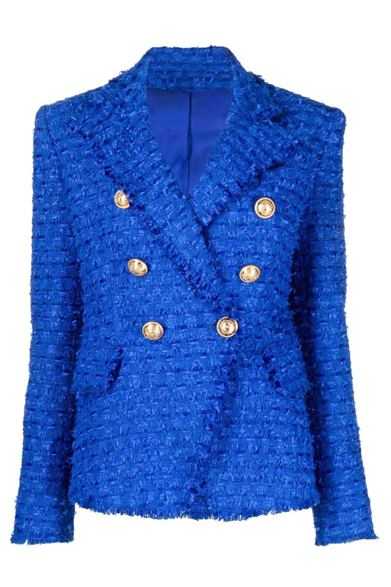 Load image into Gallery viewer, Royal Blue Notched Lapel Double Breasted Tweed Women Blazer