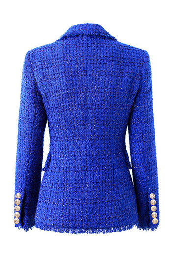 Royal Blue Notched Lapel Double Breasted Tweed Women Blazer