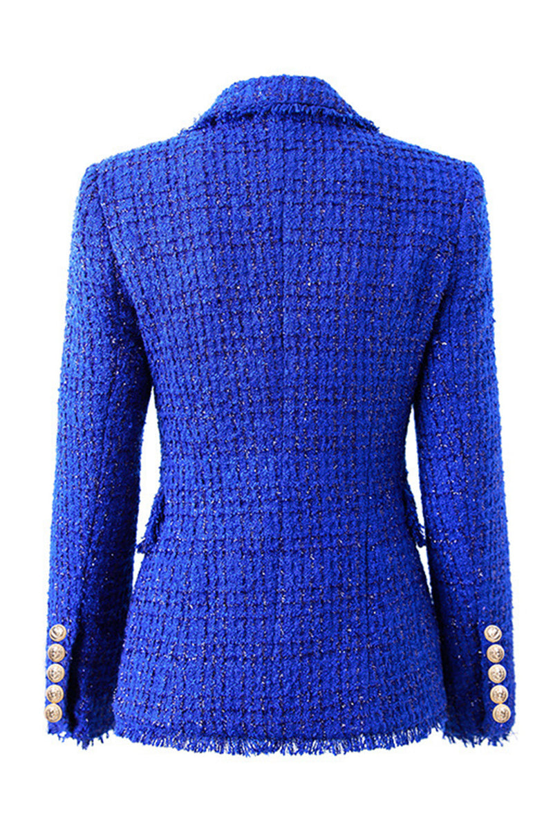 Load image into Gallery viewer, Royal Blue Notched Lapel Double Breasted Tweed Women Blazer