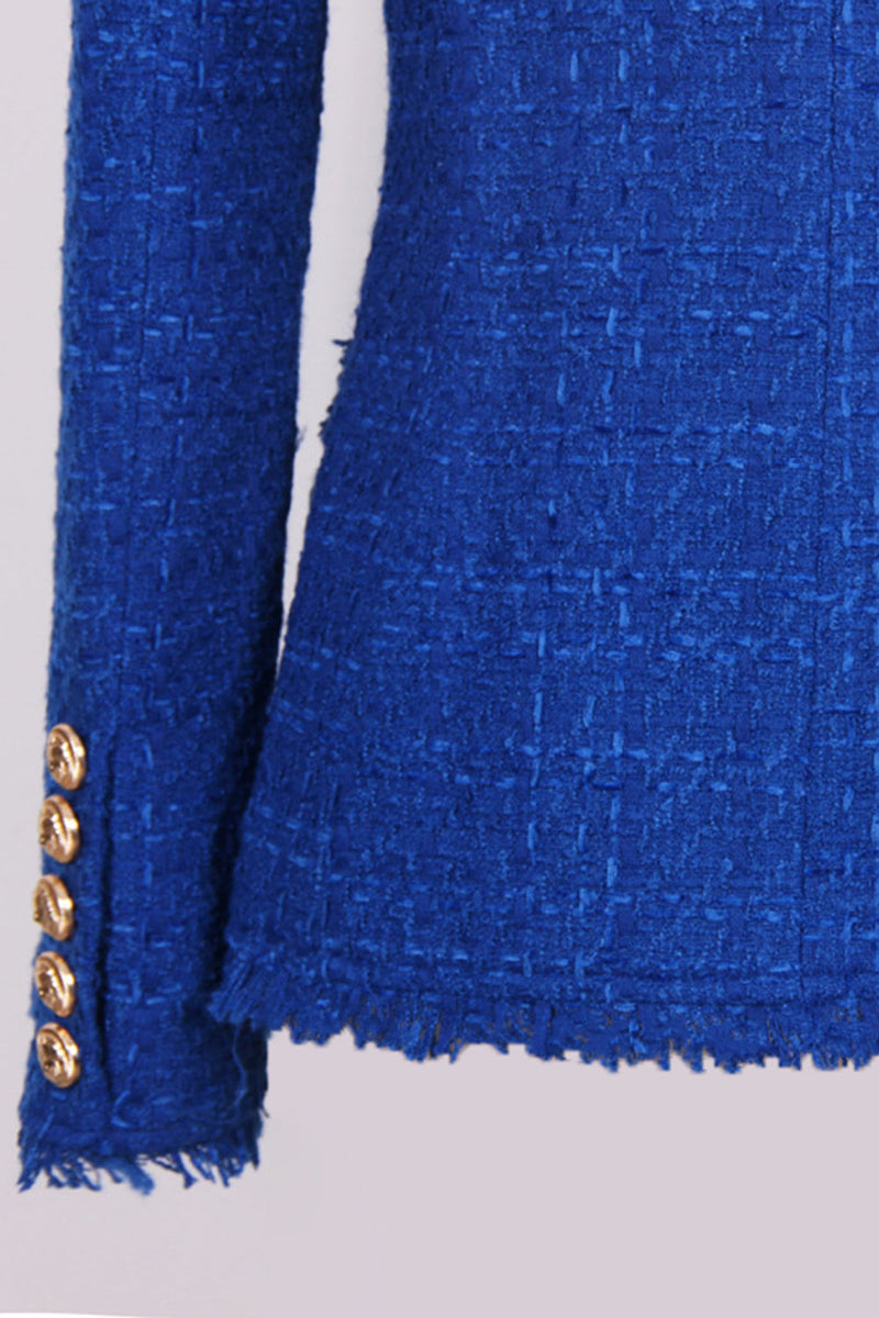 Load image into Gallery viewer, Royal Blue Notched Lapel Double Breasted Tweed Women Blazer