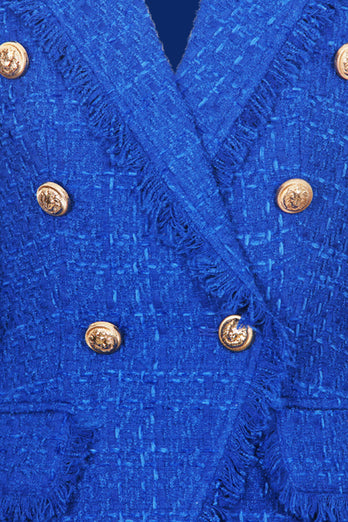 Royal Blue Notched Lapel Double Breasted Tweed Women Blazer