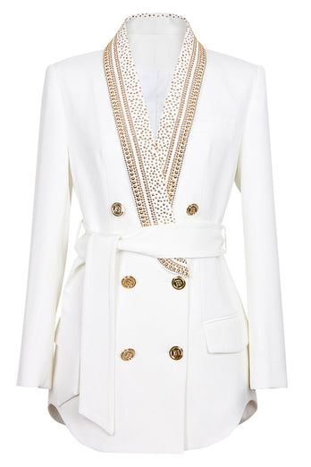 White Shawl Lapel Double Breasted Slim Fit Women Blazer with Beading